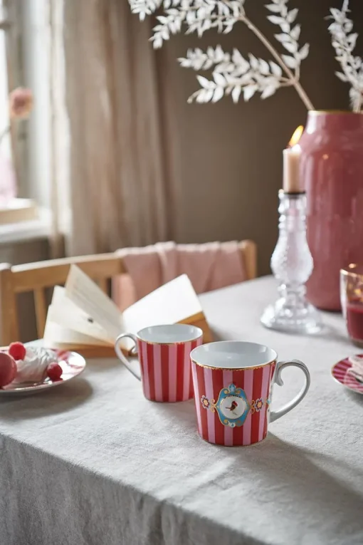 Love Birds Tasse Gross Gestreift Rot/Rosa