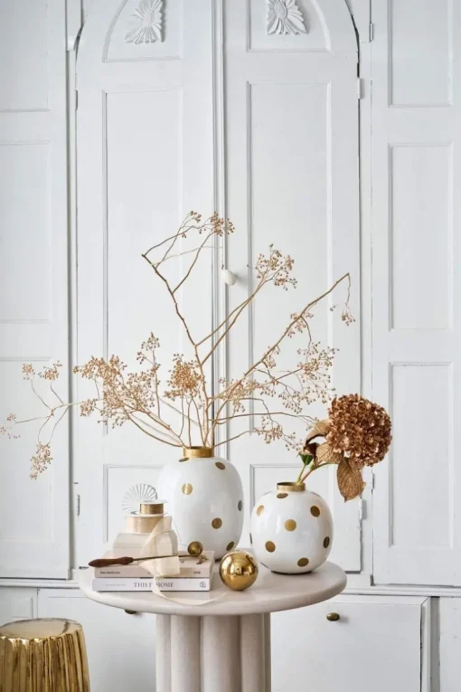 Metall Vase Punkte Weiß Gold 32cm