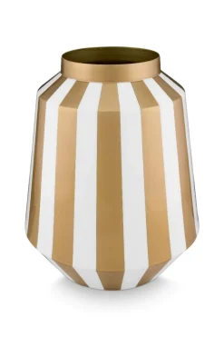 Metall Vase Streifen Weiß Gold 29cm