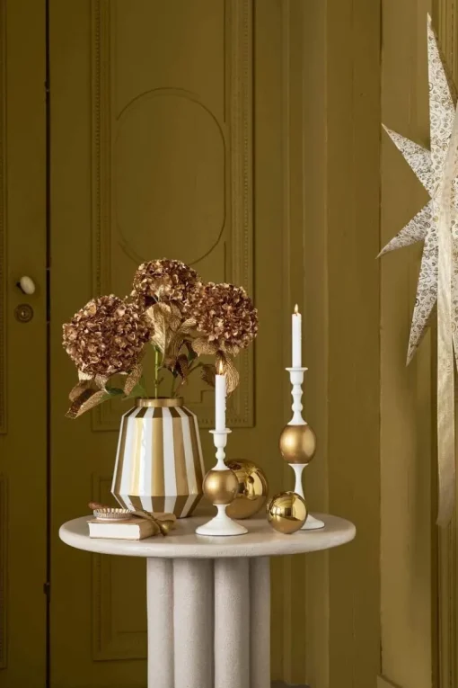 Metall Vase Streifen Weiß Gold 29cm